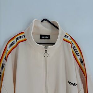 Nerdy Unisex Logo Tape Track Spell-out Sleeve Font Full Zip Jacket